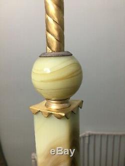 Vintage Antique Art Nouveau Jade Marble Brass Table Lamp Dual Double Light