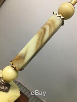 Vintage Antique Art Nouveau Jade Marble Brass Table Lamp Dual Double Light