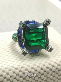 Vintage Antique Art Nouveau Style Green Emerald 925 Silver Women Engagement Ring