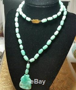 Vintage Antique Czech Sterling Jade Green Mottled Glass Bead Pendant Necklace