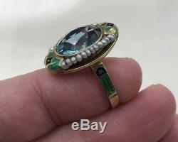 Vintage Art Deco 14k Green Gold Enamel Spinel Pearl Ring