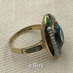 Vintage Art Deco 14k Green Gold Enamel Spinel Pearl Ring