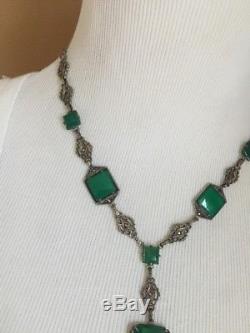 Vintage Art Deco Antique Sterling Silver Chrysoprase or Green Glass Necklace