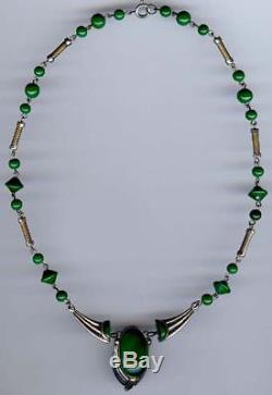 Vintage Art Deco Chrome & Green Glass Necklace