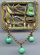 Vintage Art Deco Egyptian Lady & Snake Brass Green Glass Dangle Pin Brooch