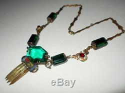 Vintage Art Deco Egyptian Revival Green Glass & Rhinestone Enamel Brass Necklace