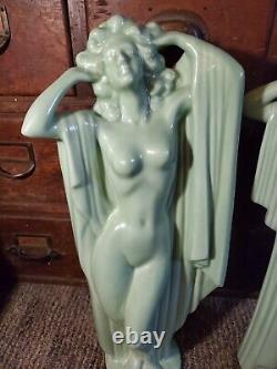 Vintage Art Deco Nude Girl Figures Green Ceramic Porcalin Art Art Nouveau