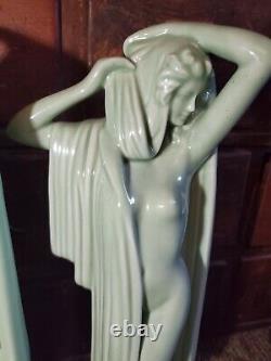 Vintage Art Deco Nude Girl Figures Green Ceramic Porcalin Art Nouveau