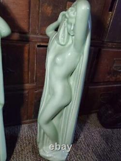 Vintage Art Deco Nude Girl Figures Green Ceramic Porcalin Art Nouveau