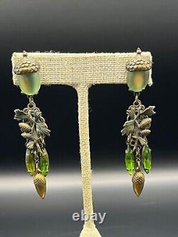 Vintage Art Nouveau Acorn & Leaves Dangle Post Earrings Frosted Green Glass