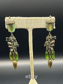 Vintage Art Nouveau Acorn & Leaves Dangle Post Earrings Frosted Green Glass