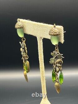 Vintage Art Nouveau Acorn & Leaves Dangle Post Earrings Frosted Green Glass