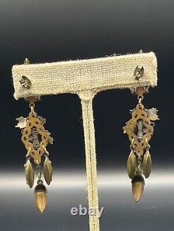 Vintage Art Nouveau Acorn & Leaves Dangle Post Earrings Frosted Green Glass