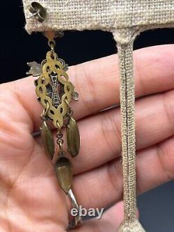 Vintage Art Nouveau Acorn & Leaves Dangle Post Earrings Frosted Green Glass