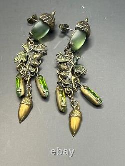 Vintage Art Nouveau Acorn & Leaves Dangle Post Earrings Frosted Green Glass