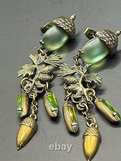 Vintage Art Nouveau Acorn & Leaves Dangle Post Earrings Frosted Green Glass
