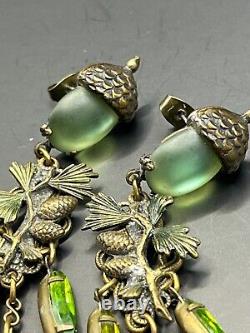 Vintage Art Nouveau Acorn & Leaves Dangle Post Earrings Frosted Green Glass
