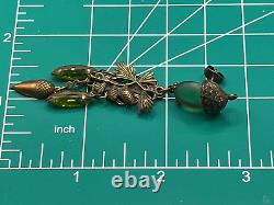 Vintage Art Nouveau Acorn & Leaves Dangle Post Earrings Frosted Green Glass