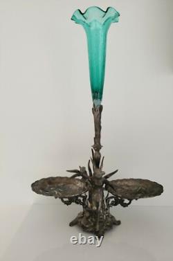 Vintage Art Nouveau Fairy & Angel Figural Metal Epergne Centerpiece Green Glass