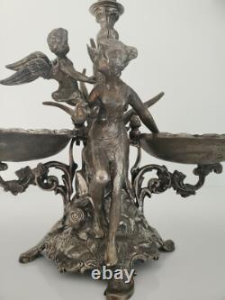 Vintage Art Nouveau Fairy & Angel Figural Metal Epergne Centerpiece Green Glass