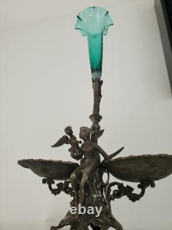 Vintage Art Nouveau Fairy & Angel Figural Metal Epergne Centerpiece Green Glass