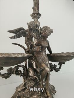 Vintage Art Nouveau Fairy & Angel Figural Metal Epergne Centerpiece Green Glass