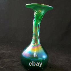 Vintage Art Nouveau Glass Green Iridescent Kralik or style of crooked neck vase