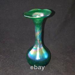 Vintage Art Nouveau Glass Green Iridescent Kralik or style of crooked neck vase