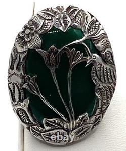 Vintage Art Nouveau Green Chrysoprase Sterling Silver Overlay Floral Brooch