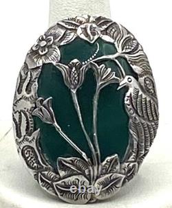 Vintage Art Nouveau Green Chrysoprase Sterling Silver Overlay Floral Brooch