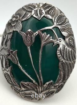 Vintage Art Nouveau Green Chrysoprase Sterling Silver Overlay Floral Brooch