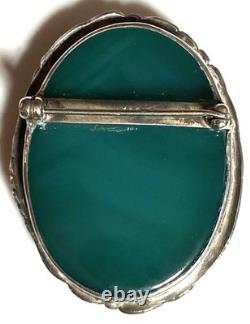 Vintage Art Nouveau Green Chrysoprase Sterling Silver Overlay Floral Brooch