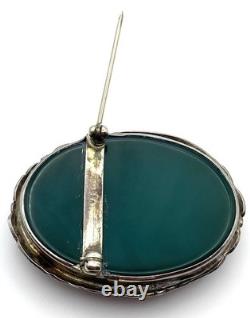 Vintage Art Nouveau Green Chrysoprase Sterling Silver Overlay Floral Brooch