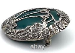 Vintage Art Nouveau Green Chrysoprase Sterling Silver Overlay Floral Brooch