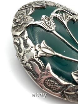 Vintage Art Nouveau Green Chrysoprase Sterling Silver Overlay Floral Brooch