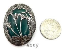 Vintage Art Nouveau Green Chrysoprase Sterling Silver Overlay Floral Brooch