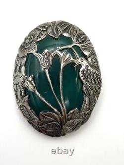 Vintage Art Nouveau Green Chrysoprase Sterling Silver Overlay Floral Brooch