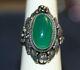 Vintage Art Nouveau Green Chrysprase Cab Sterling Ring With Leaves