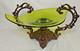 Vintage Art Nouveau Green Glass Pedestal Bowl Loetz Style Metal Base Large 20x12