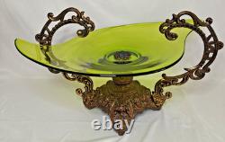 Vintage Art Nouveau Green Glass Pedestal Bowl Loetz Style Metal Base Large 20x12