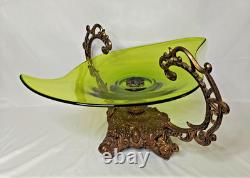 Vintage Art Nouveau Green Glass Pedestal Bowl Loetz Style Metal Base Large 20x12