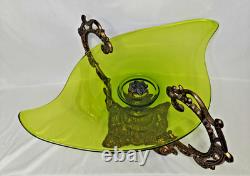 Vintage Art Nouveau Green Glass Pedestal Bowl Loetz Style Metal Base Large 20x12