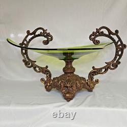 Vintage Art Nouveau Green Glass Pedestal Bowl Loetz Style Metal Base Large 20x12