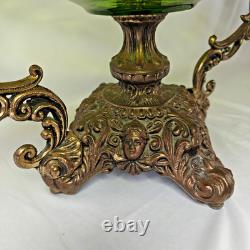 Vintage Art Nouveau Green Glass Pedestal Bowl Loetz Style Metal Base Large 20x12