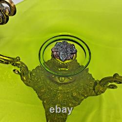 Vintage Art Nouveau Green Glass Pedestal Bowl Loetz Style Metal Base Large 20x12