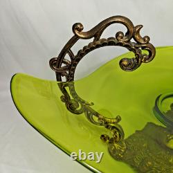Vintage Art Nouveau Green Glass Pedestal Bowl Loetz Style Metal Base Large 20x12