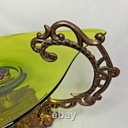 Vintage Art Nouveau Green Glass Pedestal Bowl Loetz Style Metal Base Large 20x12