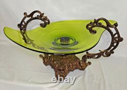 Vintage Art Nouveau Green Glass Pedestal Bowl Loetz Style Metal Base Large 20x12