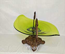 Vintage Art Nouveau Green Glass Pedestal Bowl Loetz Style Metal Base Large 20x12