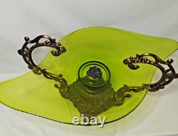 Vintage Art Nouveau Green Glass Pedestal Bowl Loetz Style Metal Base Large 20x12